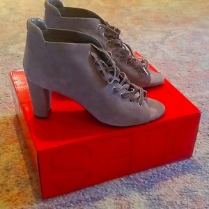 Brand New Gray suede open toe booties